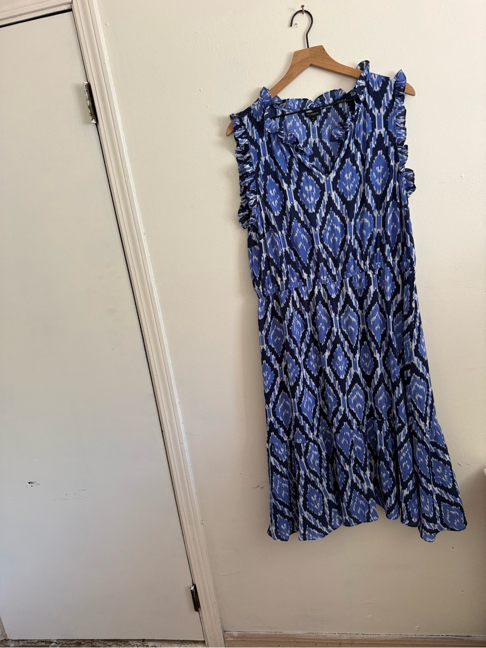 Talbots Blue Ikat Ruffle-Trim Midi Dress